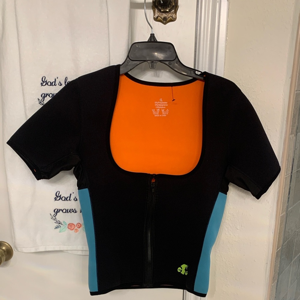 ECO Sauna Sweat Top Zip Front Underbust Black BlueShort Sleeve Size XLarge